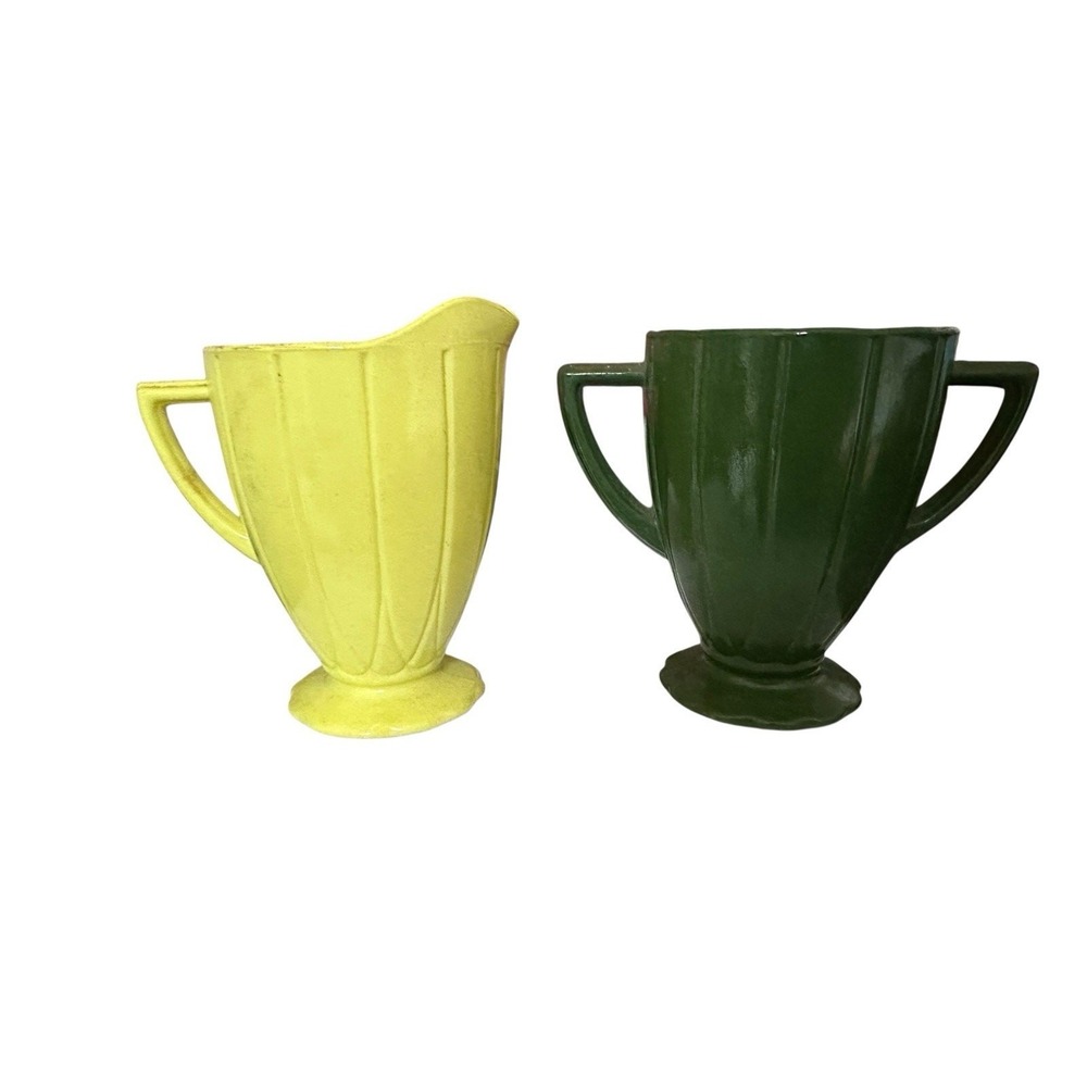 Vintage MCM Hazel Atlas Glass Platonite Creamer Yellow Sugar Avocado Green